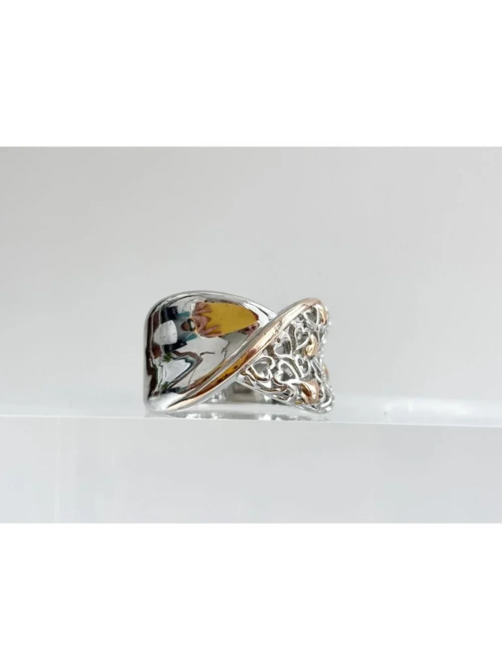 Dual Toned Gold Overlay Heart Crossover Sterling Silver 925 Vintage Ring sz 7.25